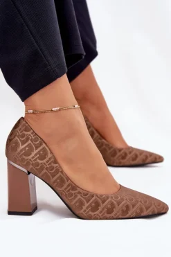 Czółenka Damskie Na Słupku Z Ozdobnym Tłoczeniem Vinceza 62254 Brązowe