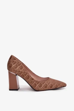 Czółenka Damskie Na Słupku Z Ozdobnym Tłoczeniem Vinceza 62254 Brązowe