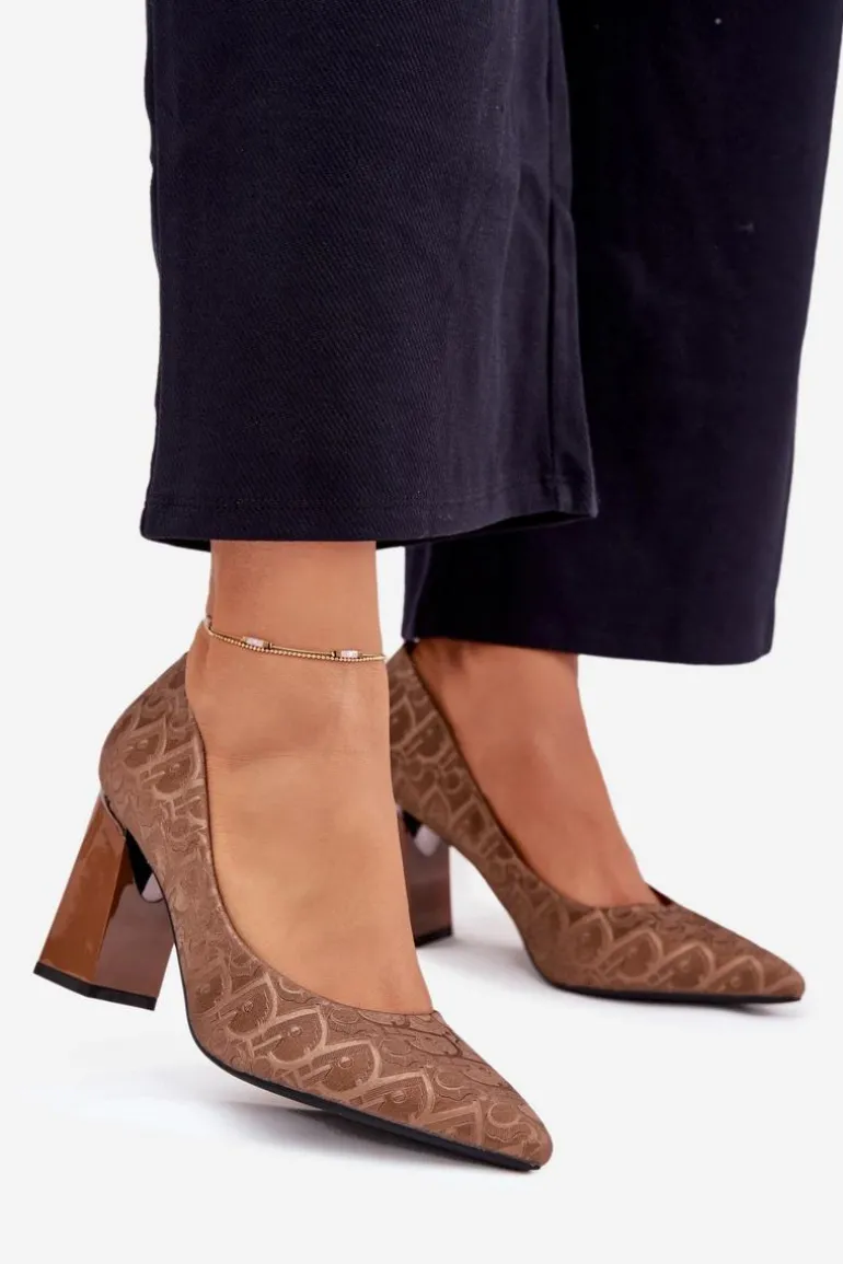 Czółenka Damskie Na Słupku Z Ozdobnym Tłoczeniem Vinceza 62254 Brązowe