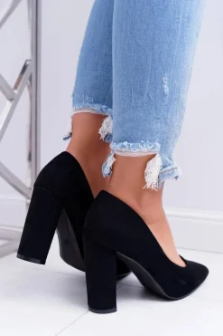 Czółenka Damskie Na Słupku Zamszowe Czarne Strawberry