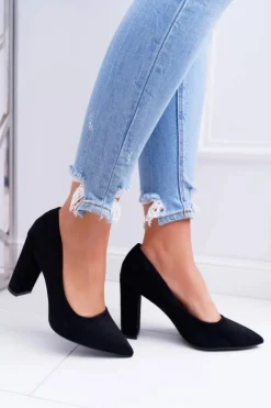 Czółenka Damskie Na Słupku Zamszowe Czarne Strawberry