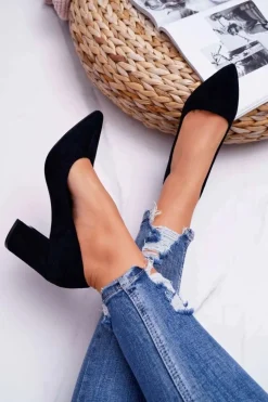 Czółenka Damskie Na Słupku Zamszowe Czarne Femmini