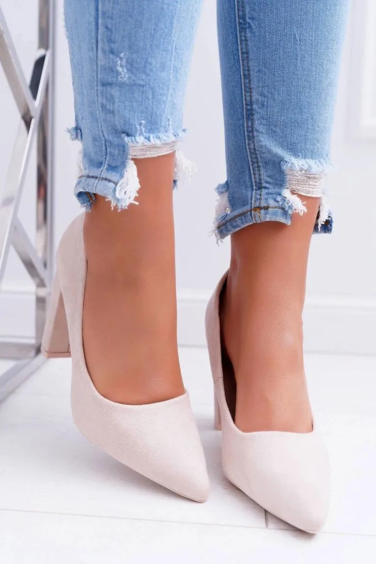 Czółenka Damskie Na Słupku Zamszowe Beżowe Strawberry