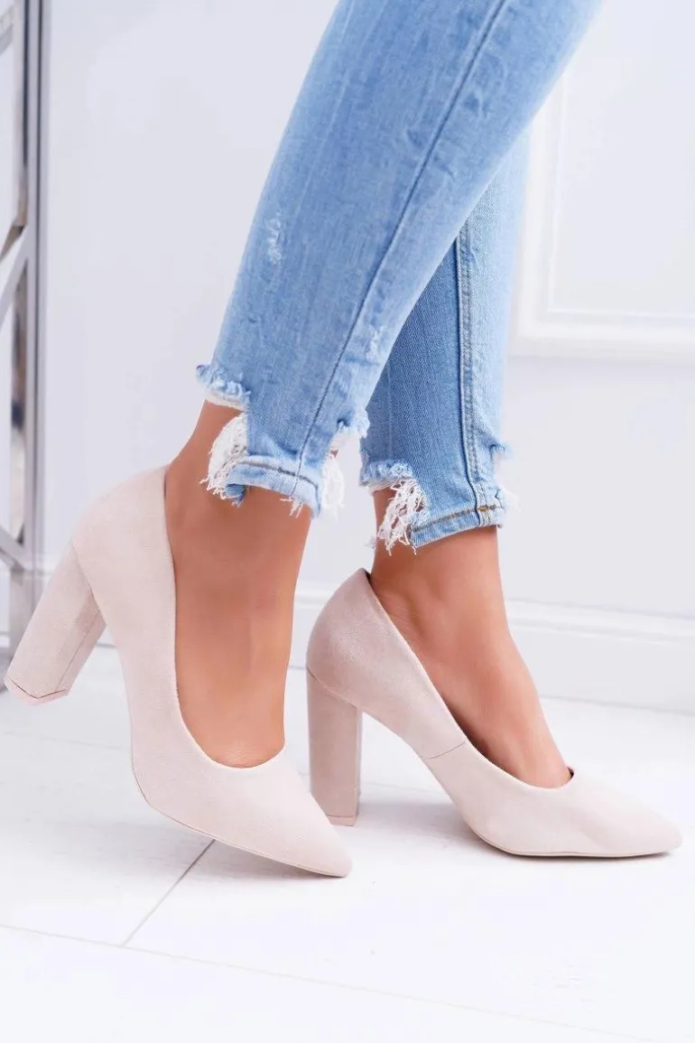 Czółenka Damskie Na Słupku Zamszowe Beżowe Strawberry