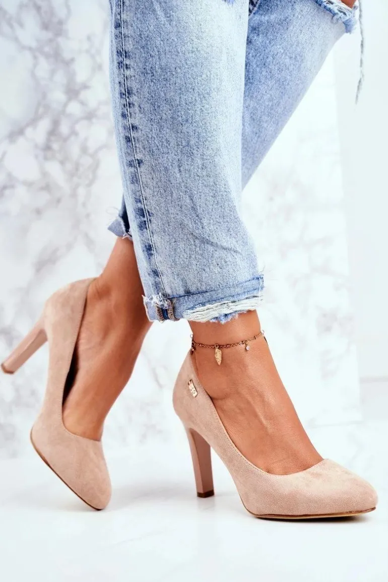 Czółenka Damskie Na Słupku Zamsz Sergio Leone Beżowe Campbell