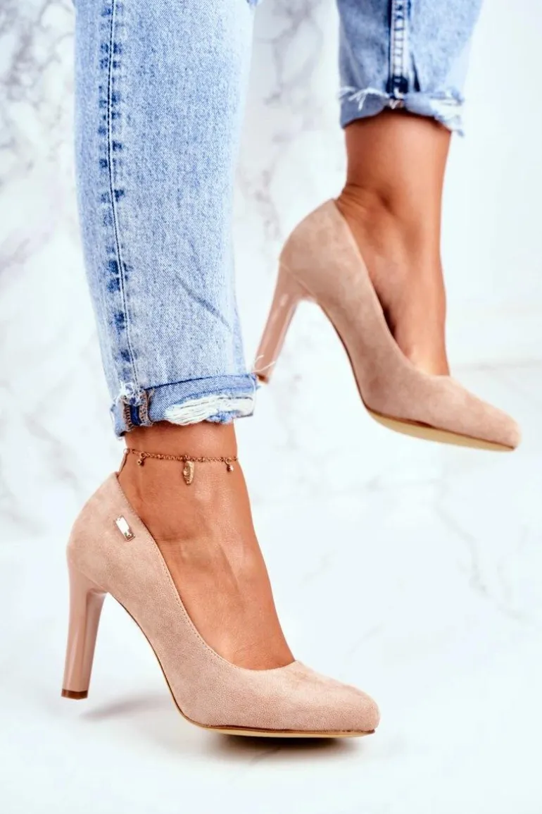 Czółenka Damskie Na Słupku Zamsz Sergio Leone Beżowe Campbell