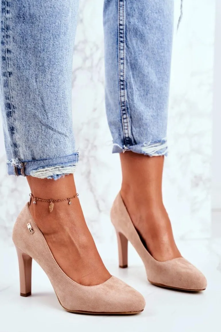 Czółenka Damskie Na Słupku Zamsz Sergio Leone Beżowe Campbell