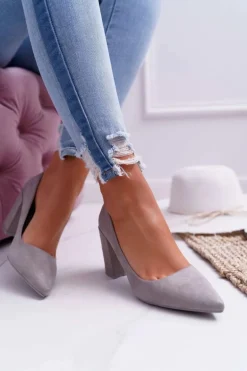 Czółenka Damskie Na Słupku Zamszowe Szare Neshka