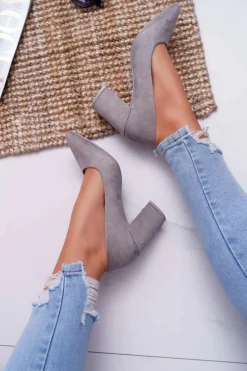 Czółenka Damskie Na Słupku Zamszowe Szare Neshka