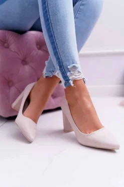 Czółenka Damskie Na Słupku Zamszowe Beżowe Raspberry