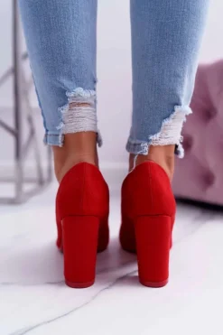 Czółenka Damskie Na Słupku Zamszowe Czerwone Raspberry