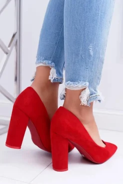 Czółenka Damskie Na Słupku Zamszowe Czerwone Strawberry