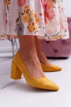 Czółenka Damskie Na Słupku Zamszowe Żółte Neshka