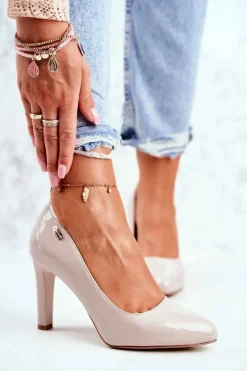 Czółenka Damskie Sergio Leone Na Słupku Lakier Jasnoszare Campbell