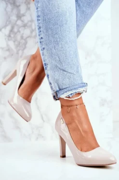 Czółenka Damskie Sergio Leone Na Słupku Lakier Jasnoszare Campbell