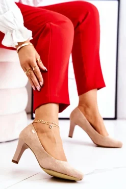 Czółenka Damskie Sergio Leone Beżowe Zamszowe Orsola