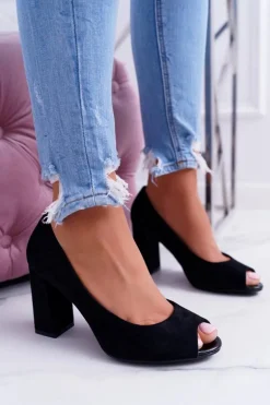 Czółenka Damskie Sergio Leone Odkryte Palce PB133 Czarne Fani