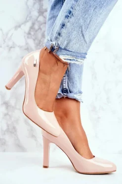 Czółenka Damskie Sergio Leone Lakierowane Na Słupku Beżowe Campbell