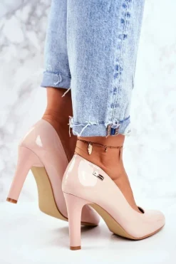 Czółenka Damskie Sergio Leone Lakierowane Na Słupku Beżowe Campbell