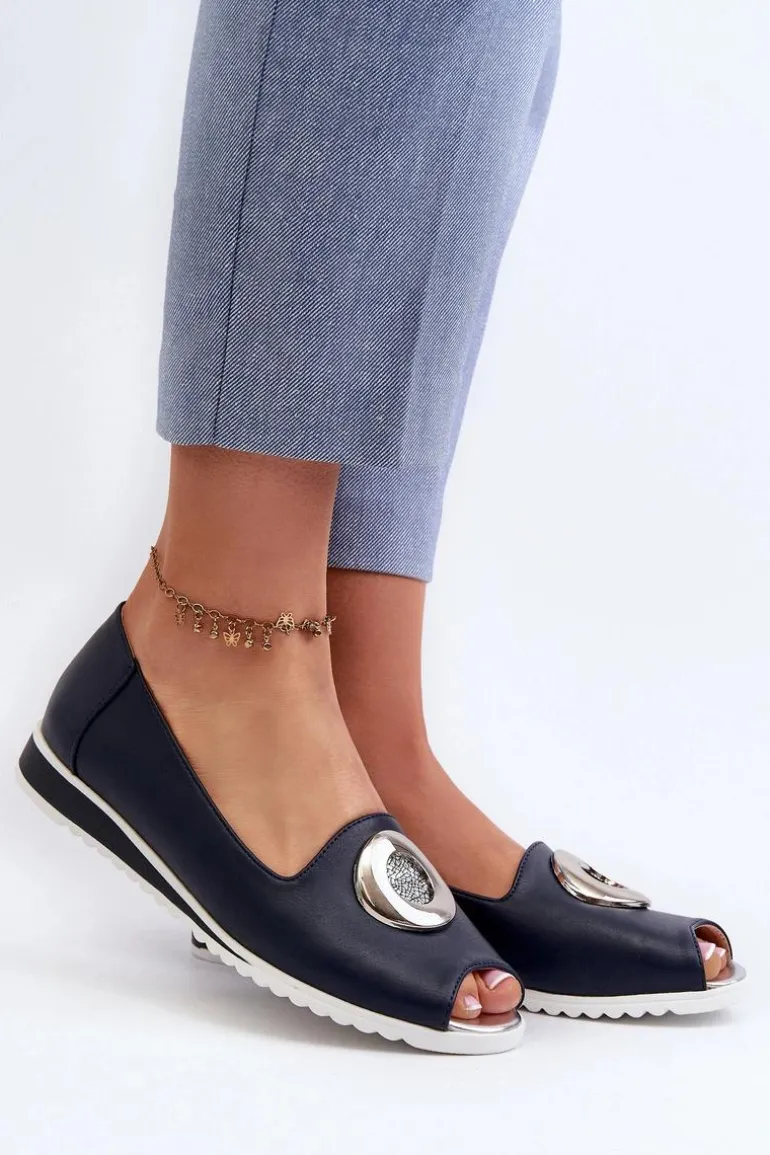 Czółenka Damskie Z Ozdobą Eko Skórzane Granatowe Biolita