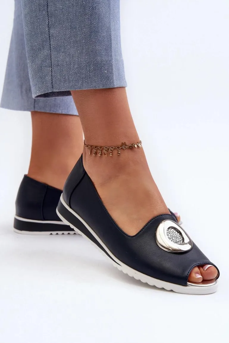 Czółenka Damskie Z Ozdobą Eko Skórzane Granatowe Biolita