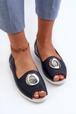 Czółenka Damskie Z Ozdobą Eko Skórzane Granatowe Biolita