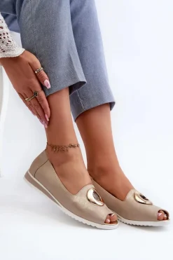 Czółenka Damskie Z Ozdobą Eko Skórzane Złote Biolita