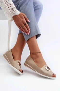 Czółenka Damskie Z Ozdobą Eko Skórzane Złote Biolita