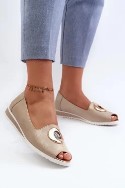 Czółenka Damskie Z Ozdobą Eko Skórzane Złote Biolita