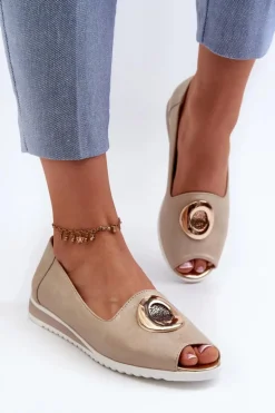 Czółenka Damskie Z Ozdobą Eko Skórzane Złote Biolita