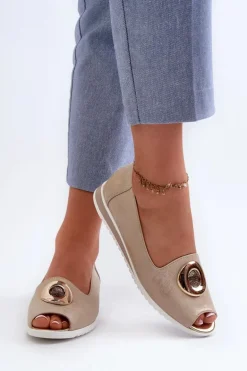 Czółenka Damskie Z Ozdobą Eko Skórzane Złote Biolita