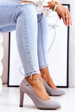 Czółenka Damskie Zamszowe Na Słupku Sergio Leone Szare Campbell