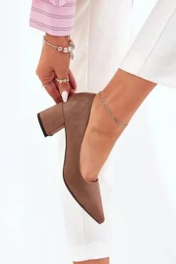 Czółenka Damskie Ze Szpiczastymi Noskami Na Słupku Khaki Merinette