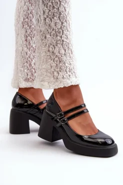 Czółenka Na Masywnym Obcasie Lakierowane Czarne Halmina