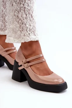 Czółenka Na Masywnym Obcasie Lakierowane Ciemnobeżowe Halmina