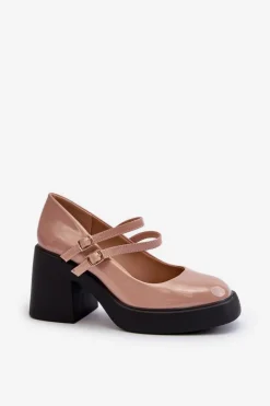 Czółenka Na Masywnym Obcasie Lakierowane Ciemnobeżowe Halmina