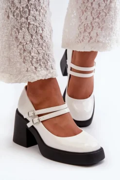 Czółenka Na Masywnym Obcasie Lakierowane Białe Halmina