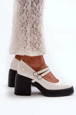 Czółenka Na Masywnym Obcasie Lakierowane Białe Halmina