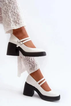 Czółenka Na Masywnym Obcasie Lakierowane Białe Halmina