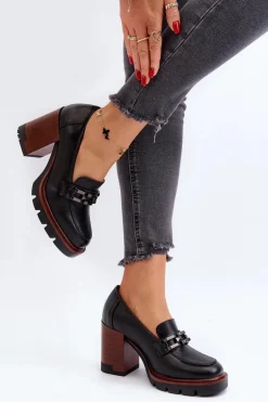 Czółenka Na Masywnym Słupku Z Ozdobą Czarne Oradna