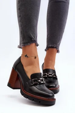 Czółenka Na Masywnym Słupku Z Ozdobą Czarne Oradna