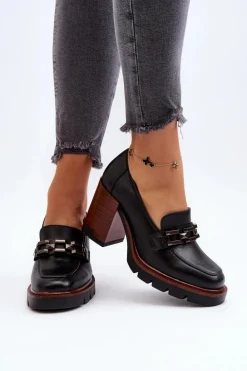 Czółenka Na Masywnym Słupku Z Ozdobą Czarne Oradna