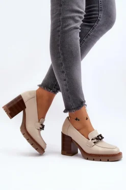 Czółenka Na Masywnym Słupku Z Ozdobą Beżowe Oradna