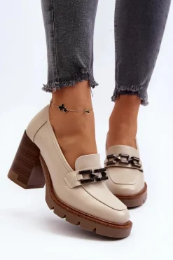 Czółenka Na Masywnym Słupku Z Ozdobą Beżowe Oradna