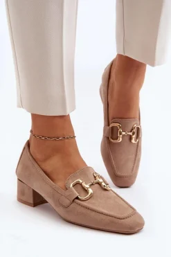 Czółenka Na Niskim Obcasie Klocku Z Ozdobą Beżowe Dolvira