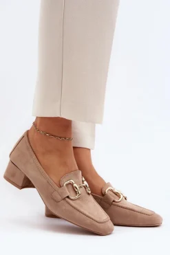 Czółenka Na Niskim Obcasie Klocku Z Ozdobą Beżowe Dolvira