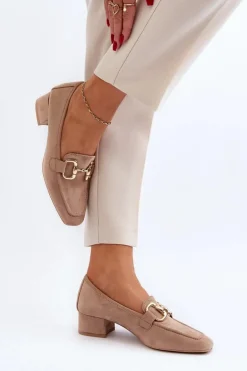 Czółenka Na Niskim Obcasie Klocku Z Ozdobą Beżowe Dolvira