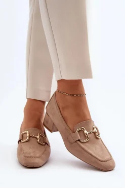 Czółenka Na Niskim Obcasie Klocku Z Ozdobą Beżowe Dolvira