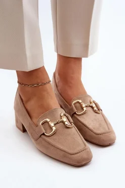 Czółenka Na Niskim Obcasie Klocku Z Ozdobą Beżowe Dolvira