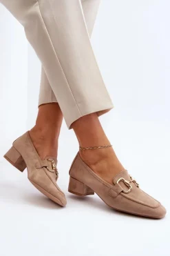 Czółenka Na Niskim Obcasie Klocku Z Ozdobą Beżowe Dolvira